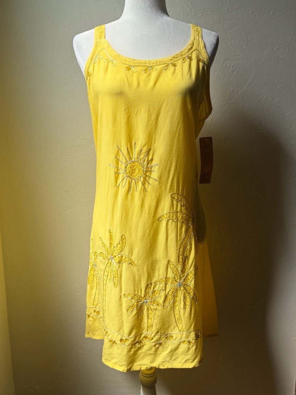 Raya Sun Embroidered Palm Tree Sundress Yellow Sleeveless NWT L